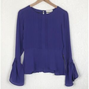 ARTELIER NICOLE MILLER 100% Silk Top Sz S Purple Flare Sleeve Peplum Blouse‎
